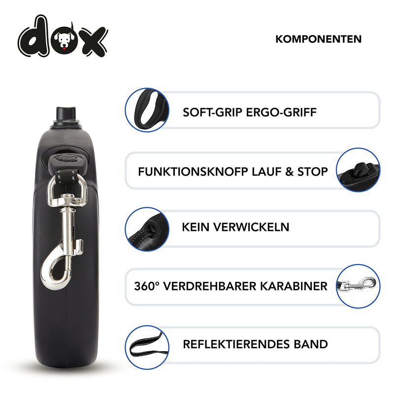 DDOXX Extendable Dog Leash - Stable Reflective Nylon Strips Dog Leash Bite-Resistant - Retractable Leash Break & Lock System - XS (Black) XS | 3m | up to 8 kg black - BeesActive Australia