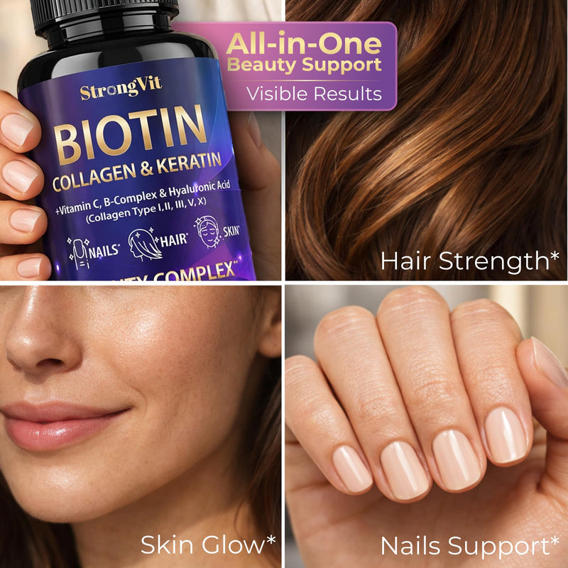 StrongVit Biotin with Hyaluronic Acid, Keratin and Collagen Supplements - 10000mcg for Hair Growth Women and Men - Hair Skin and Nails Vitamins - 120 Capsules 120 Count (Pack of 1)