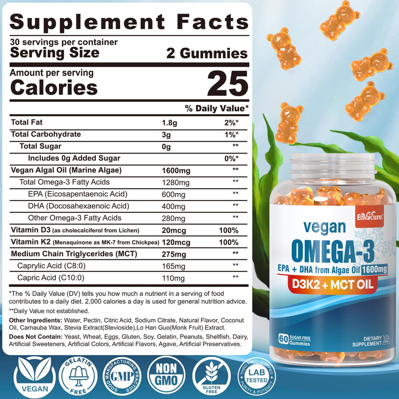 Vegan Omega 3 Gummies 1280mg + Vitamin D3 K2 (MK7) for Women Men, 1 Pack | Omega 3 Fish Oil Alternative, w/EPA 600mg & DHA 400mg, MCT Oil, No Fish Taste, for Brain, Eye, Immune Health, Sugar Free 60 Count (Pack of 1)