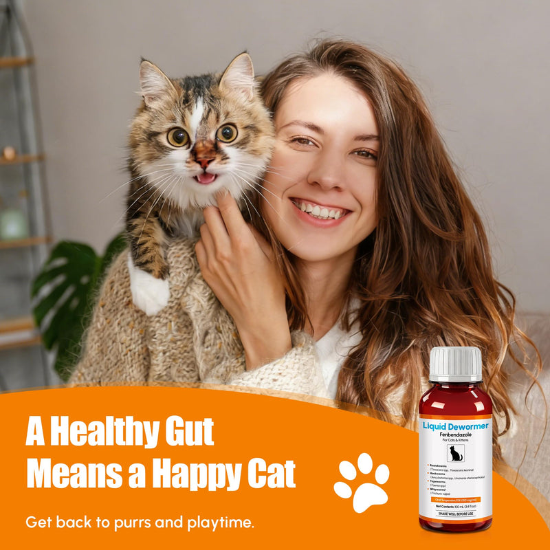 Dewormer for Cats & Kittens Fenbendazole Liquid - Broad Spectrum Suspension - Easy to Mix with Food - Removes Roundworm, Hookworm, Tapeworm - Includes 3ml Dosing Syringe (100ml)