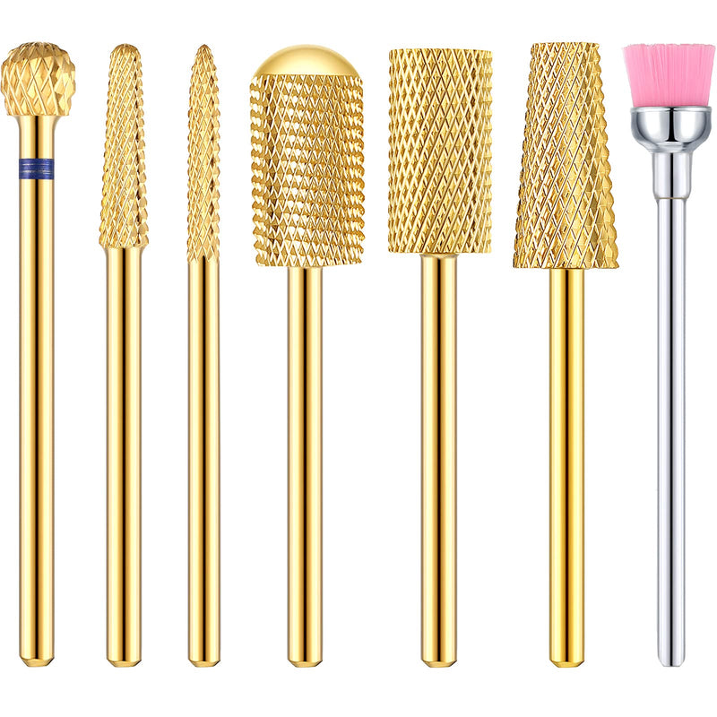 Hestya 7 Pieces Nail Drill Bits Set Tungsten Carbide Drill Bits for Nails Electric File 3/32 Inch Diamond Manicure Pedicure Cuticle Remover Tools for Acrylic Gel fingernail Salon(Gold) Gold - BeesActive Australia