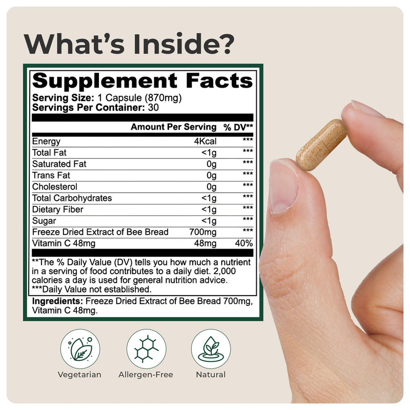 Bee Pearl Capsules - Vegetarian Pollen Nectar and Enzyme Blend for Natural Immunity & Vitality Support, Concentrated Bee Bread 700 mg, Omega 3, Omega 6, Vitamin C