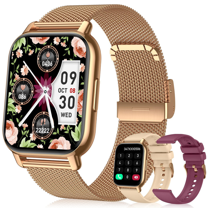 Smart Watch for Women(3 Bands), Smartwatch Fitness Tracker with Bluetooth Calls & AI Voice Control, 1.85’’ HD Screen, Heart Rate/SpO2 Monitor, Sleep Tracker, Compatible with Android iOS (Gold) Gold - BeesActive Australia