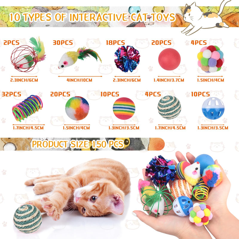 Shappy 150 Pcs Cat Toys Bulk Pack Cat Toy Gift for Christmas Include Mice Rainbow Balls Lattice Balls Sisal Balls Table Tennis Balls Plush Balls Springs Crinkle Balls Caged Bell Balls