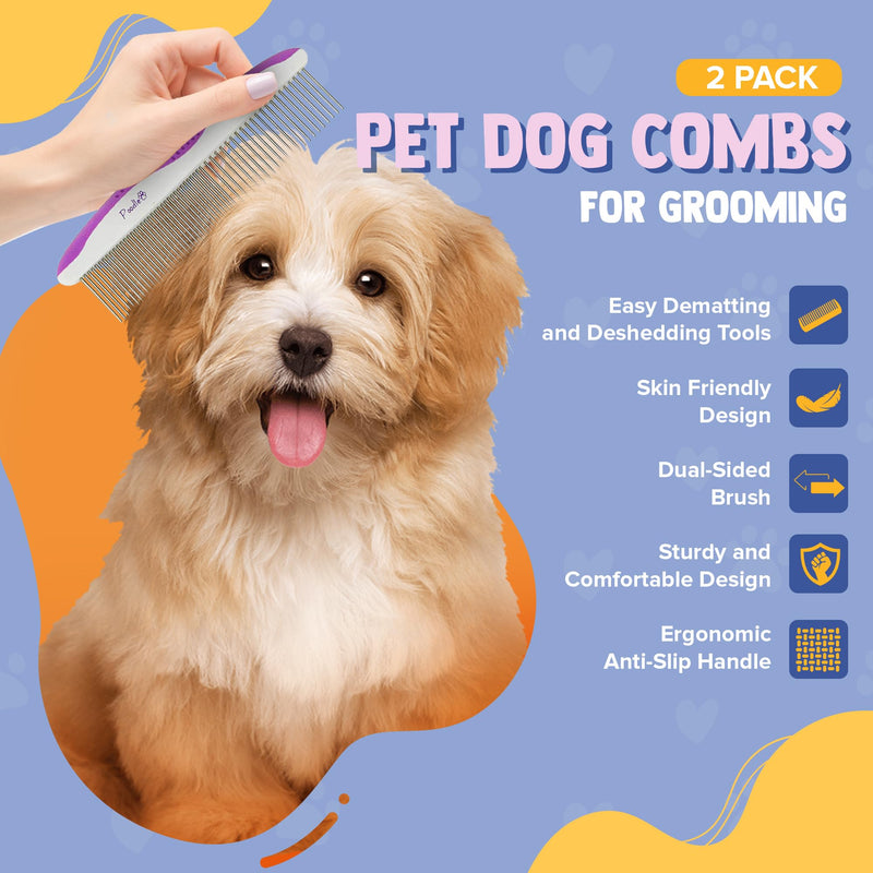 Poodle Pet Dog Combs for Grooming | 2 Pack | Stainless Steel Teeth Easily Remove Dirt | Proper Care Prevents Knots and Mats for Long and Short Haired Pets |Anti-Slip Comfort Grip Handle| Purple - BeesActive Australia