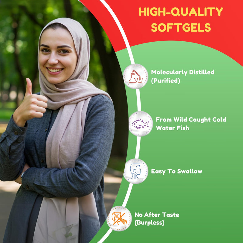 SHIFAA NUTRITION Halal Fish Oil Softgels 60 Ct, Double Strength - Halal Omega 3 Fish Oil Supplements. Wild Caught, Non-GMO & Purified 1 Count (Pack of 60)