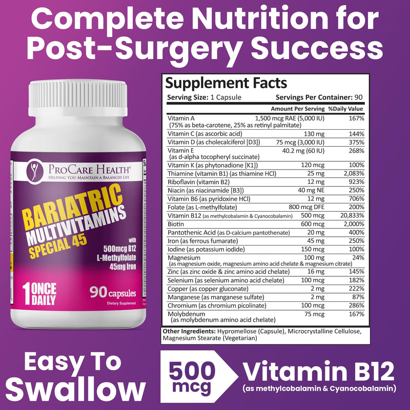 Special-45 Bariatric Multivitamin | Reduced B12 | Capsule | 90ct | Post-Op Bariatric Vitamins for Gastric Bypass, Sleeve, Duodenal Switch & Sustain Recovery (3 Month Supply) - Made in USA 90 Count (Pack of 1)