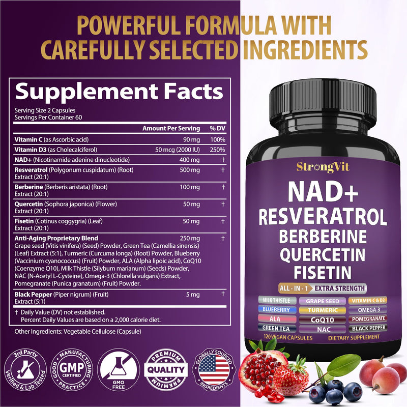 NAD Resveratrol Supplement for Women & Men. Support Cellular Health, Energy + Healthy Aging. Advanced Formula, Plus Third-Party Lab Tested in USA (120 Capsules) 120 Count (Pack of 1)