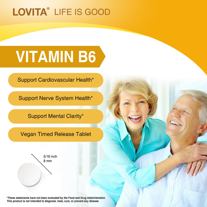 LOVITA Vitamin B6 (Pyridoxine Hydrochloride) 80mg, Timed Release, 8 Hours Sustained, Support Cardiovascular & Nerve Health, 130 Vegan Tablet