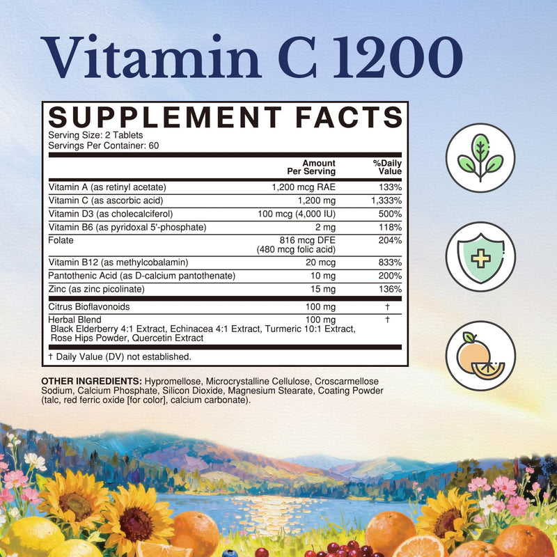 Vitalitown Vitamin C Complex 1200mg with Elderberry, Vitamin D3, Zinc, Quercetin, Rose Hips, Bioflavonoids, Turmeric & Echinacea, 120 Tablets, Non-GMO
