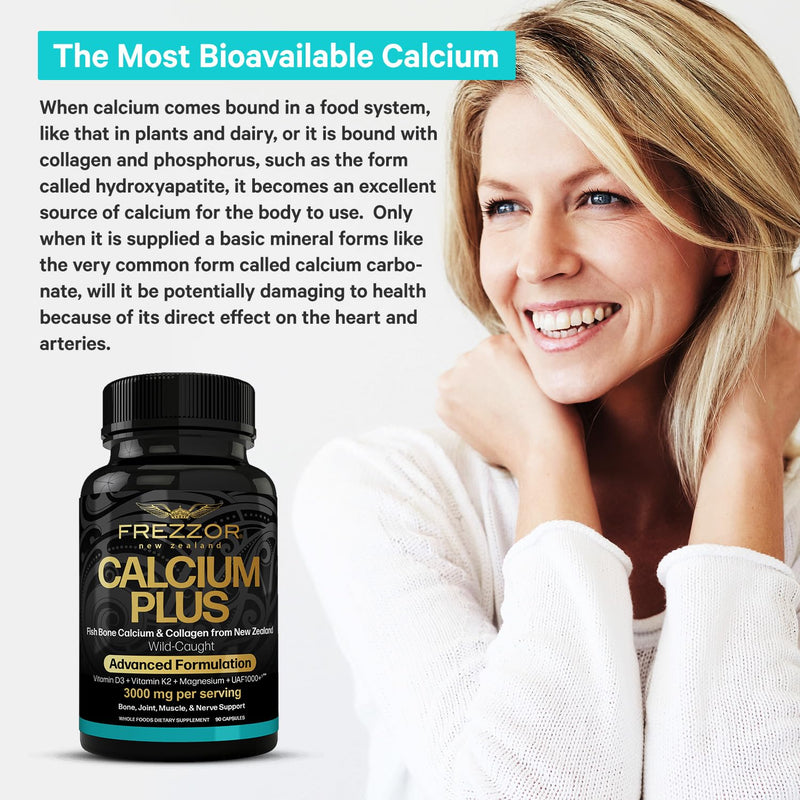 FREZZOR Calcium Plus with UAF1000+, New Zealand Natural Raw Calcium Supplement for Bones, Teeth, Gut Health, & Cardiovascular Support, Phosphorus, Magnesium, Collagen, Selenium, 90 Capsules, 1 Bottle