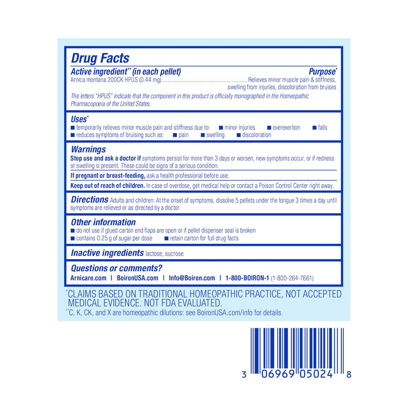 Boiron Arnica Montana 200CK Homeopathic Medicine for Pain Relief, Muscle Pain & Stiffness, Swelling from Injuries, & Bruises - 3 Count (240 Pellets)