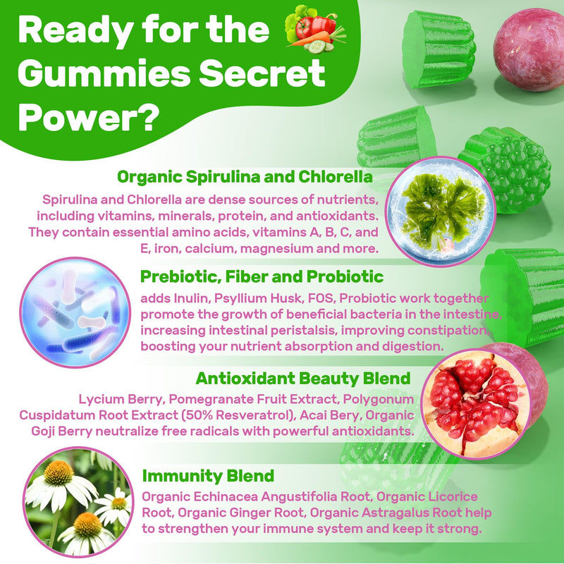 Super Greens Multivitamin Gummies, w/Spirulina, Chlorella, Multivitamins | Greens Superfood Gummies + Prebiotic Fiber, Adaptogens, Adults Vitamins for Gut Health, Immunity, Focus & Energy, 60Cts 60 Count (Pack of 1)