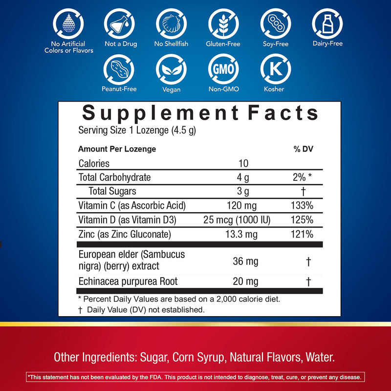 Defend-EEZE Immune Support Dietary Supplement Lozenges, 100% Daily Value of Zinc, Vitamins C & D per Dose, with Echinacea & Elderberry, Elderberry Flavor, 30 Lozenges