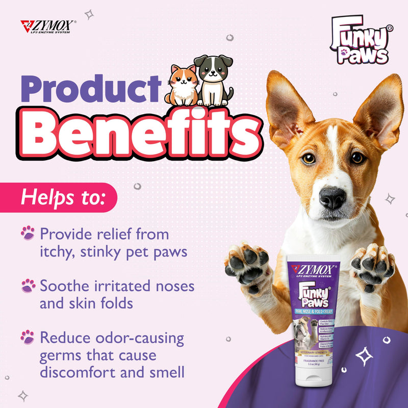 Zymox Funky Paws - Paw, Nose & Fold Cream for Dogs & Cats - Veterinary Strength - Reduces Corn Chip Feet Smell - Hydrates & Soothes the Skin - Relieves Itching & Irritation - Fragrance Free - 90g