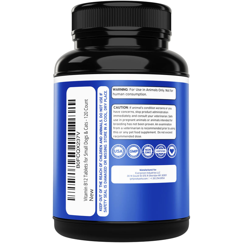 Vitamin B12 Supplement for Small Dogs & Cats with Cobalamin, Folate - Vitamin B12 Dogs and Cats Tablet Energy & Cognitive Support - 120 Chicken Flavored Chewable Tablets -Third Party Tested, Non GMO