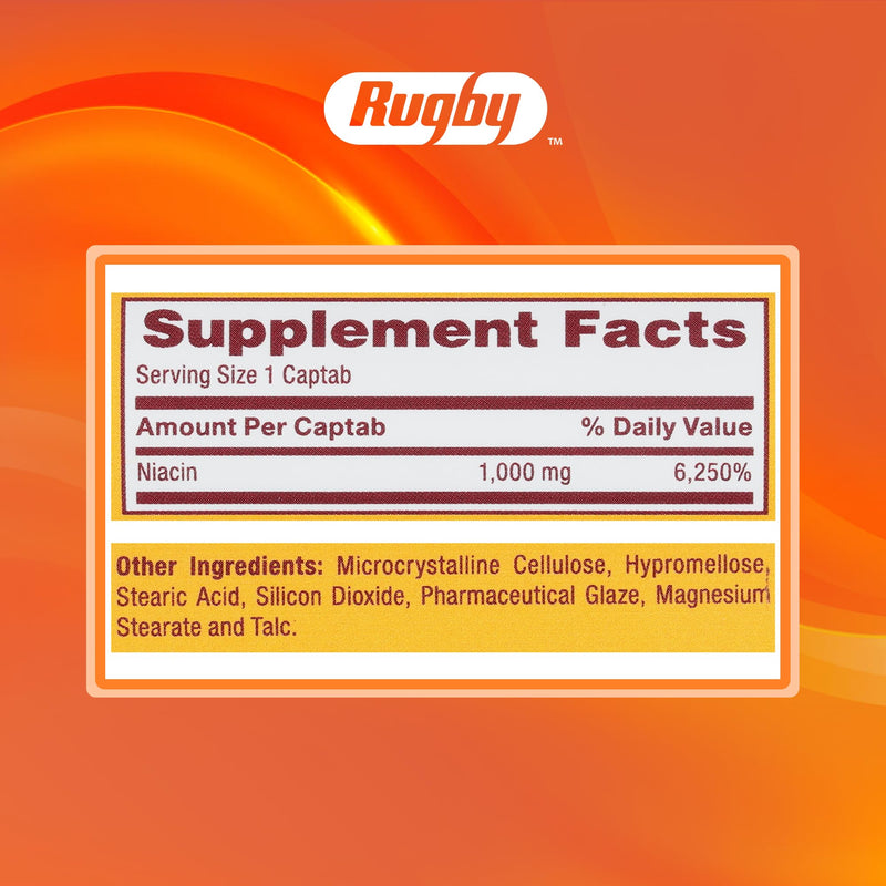 Rugby Timed-Release Niacin 1000mg Captabs for Adults, 100 Count (1-Pack) | Dietary Supplement for Energy, Circulation and Metabolism Support, Controlled Release to Help Minimize Flushing 100 Count (Pack of 1)