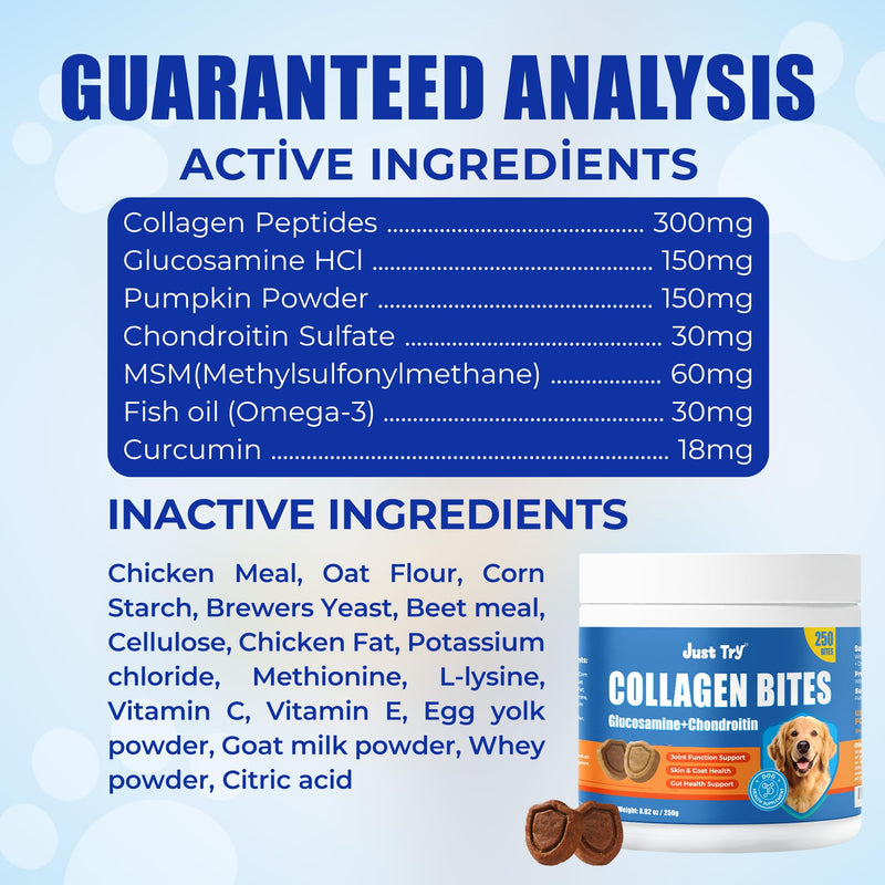 Just Try 8.82 OZ Collagen for Dogs Joint Pain Relief & Itchy Skin Allergy Relief Bites - Hydrolyzed Collagen Crunchy Chews with Glucosamine & Chondroitin for Hip & Joint Support Skin & Coat Health