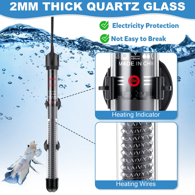 Dreyoo 2 Set 300W Submersible Aquarium Heater, Adjustable Aquarium Fish Tank Heater with 4 Thermometers Stickers and Suckers, Adjustable Knob Thermostat for Marine Saltwater and Freshwater - BeesActive Australia