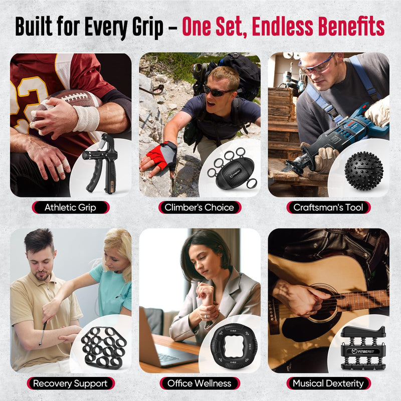 FitBeast Grip Strength Trainer, Hand Gripper Strengthener Kit - 6 Pack with Adjustable Resistance Forearm Strengthener, Forearm Exerciser and Massage Balls for Hand Therapy, Grip Training Black