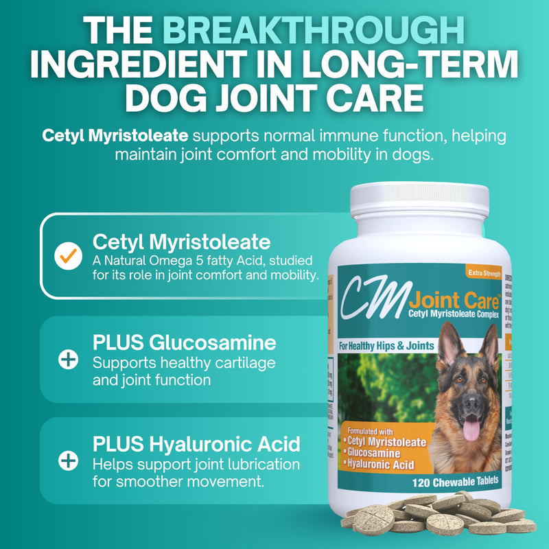 CM Joint Care for Dogs | Advanced Hip & Joint Support Supplement with Cetyl Myristoleate (Omega 5), Glucosamine & Hyaluronic Acid | Mobility & Comfort Support | 120 Tasty Chewable Tablets