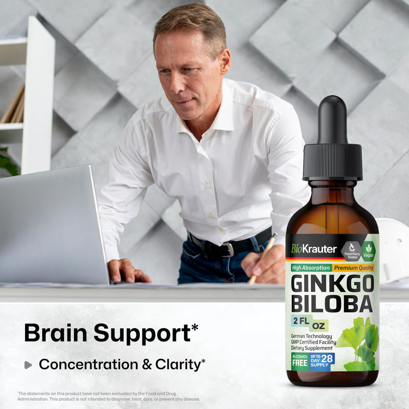 BIO KRAUTER Ginkgo Biloba Extract - Liquid Ginkgo Biloba Supplements for Brain - Vegan, Alcohol & Sugar Free - 2 Fl Oz 2 Fl Oz (Pack of 1)