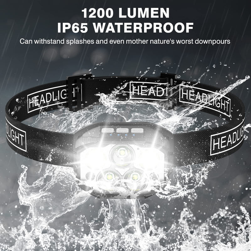 Headlamp Rechargeable, 2 Pack Head Lamp, 1200 Lumen Super Bright Motion Sensor LED Headlamps, Waterproof Head Flashlights with White Red Light, 12 Modes Headlamp Flashlight for Camping Cycling Running