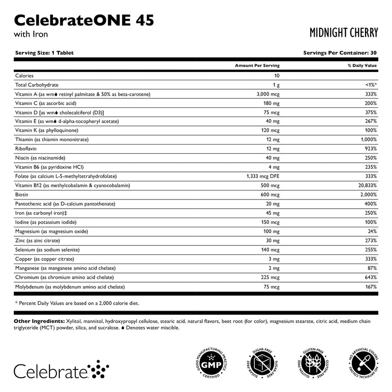 Celebrate Vitamins CelebrateONE 45 Chews, Midnight Cherry, 30 Day Supply | 30 Count with Once-Daily Bariatric Multivitamin with 45mg Iron for Post-Surgery Sleeve Gastrectomy or Gastric Bypass 30 Count (Pack of 1)