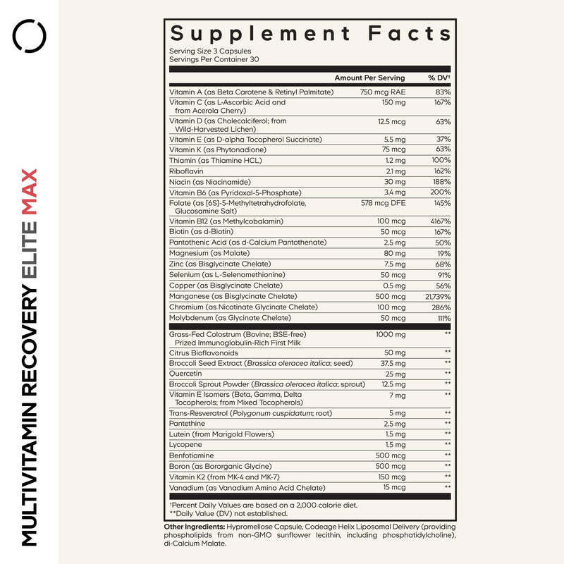 Codeage Multivitamin Recovery Elite Max Supplement - Vitamins A, C, D, E, B-Complex, Essential Minerals, Antioxidants, Colostrum, Phytonutrients, Pantethine, Non-GMO, Sport Multivitamins - 90 Capsules