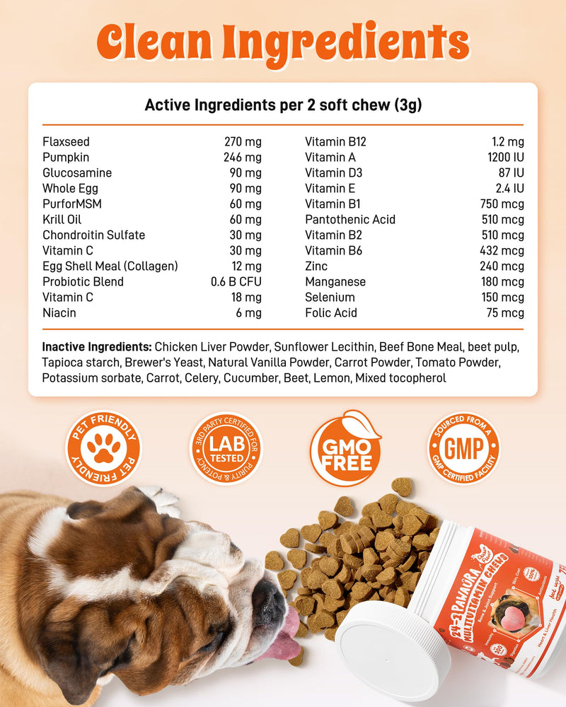 24-in-1 Multivitamin Dog Supplement, 150 Soft Chews – Glucosamine & Chondroitin for Joint Support, Probiotics for Gut Health, Omega Fish Oil for Skin & Coat, Daily Dog Vitamins 150 chews
