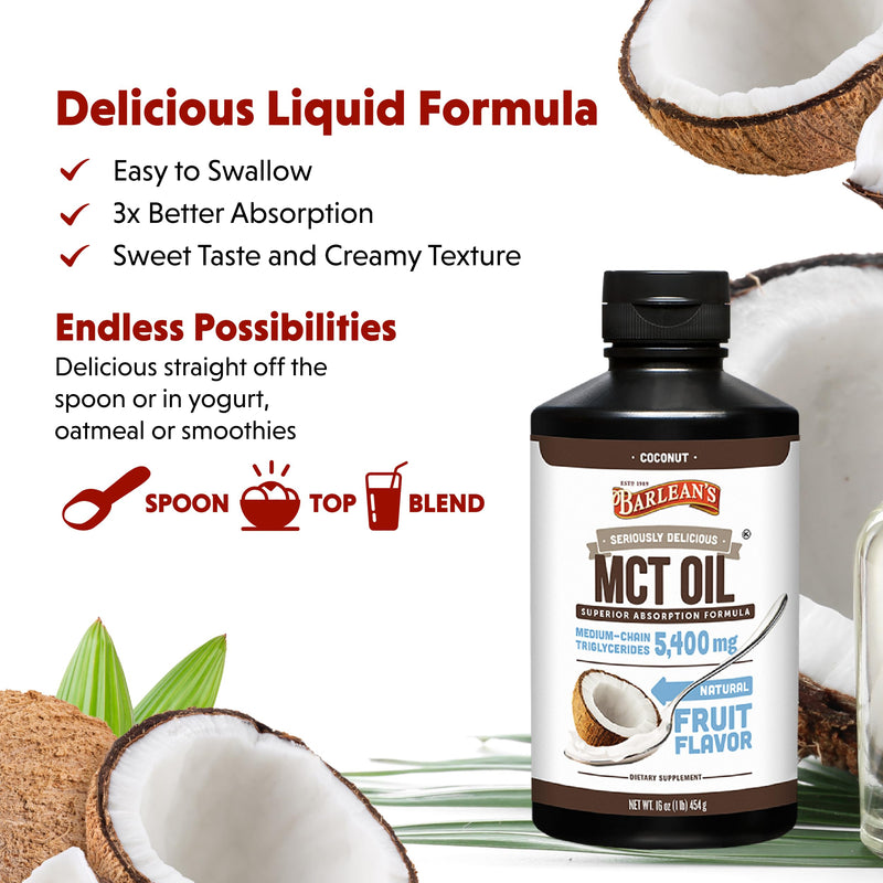 Barlean's MCT Oil Supplement, Coconut Flavored for Keto Coffee, Emulsified Creamy Liquid Syrup with 5,400mg Plant-Based MCT's to Support Energy, Focus and Wellness, 16 oz MCT Oil - Coconut Flavor 1 Pound (Pack of 1)