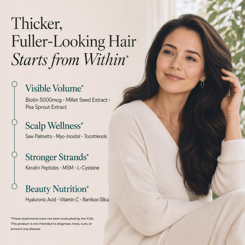 Hair Growth Supplements for Visibly Fuller, Thicker Hair and Supports Scalp | Clinically Tested for Women Ages 30 and Up, with 5,000mcg Biotin, Vitamins, Collagen & Arjuna, Stronger Hair, Skin & Nails