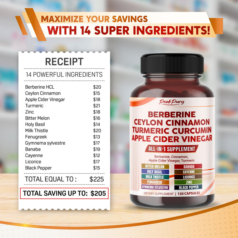 Berberine 8000mg Cinnamon 6000mg Apple Cider Vinegar 3000mg Turmeric 3000mg - Overall Wellness Support- Made in USA 150 count (pack of 1) - BeesActive Australia
