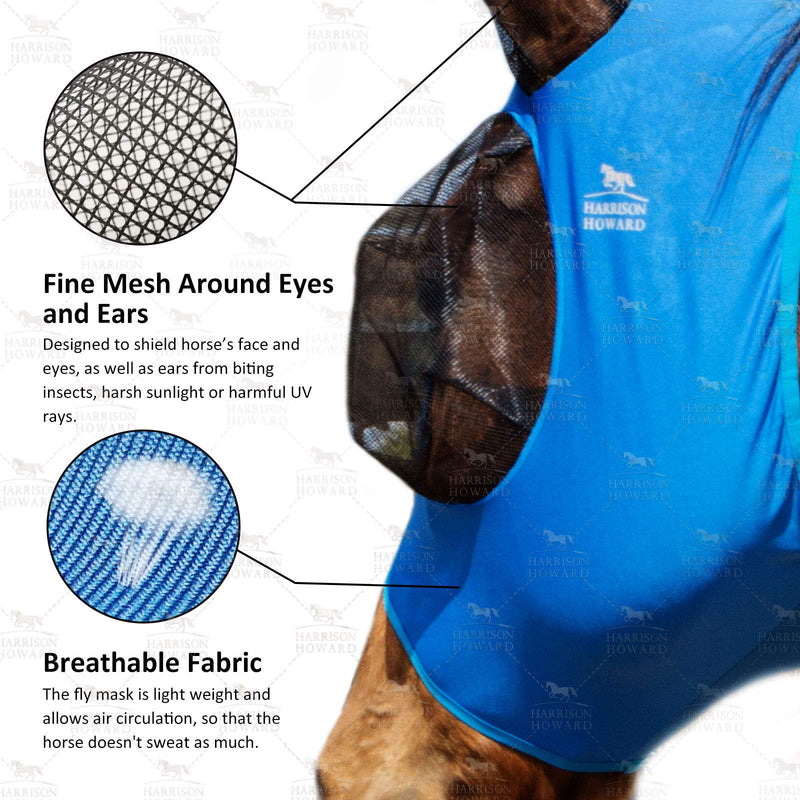 Harrison Howard Super Comfort Stretchy Fly Mask Large Eye Space with UV Protection Soft on Skin with Breathability Azure Blue L Full Size Full (Large) - BeesActive Australia