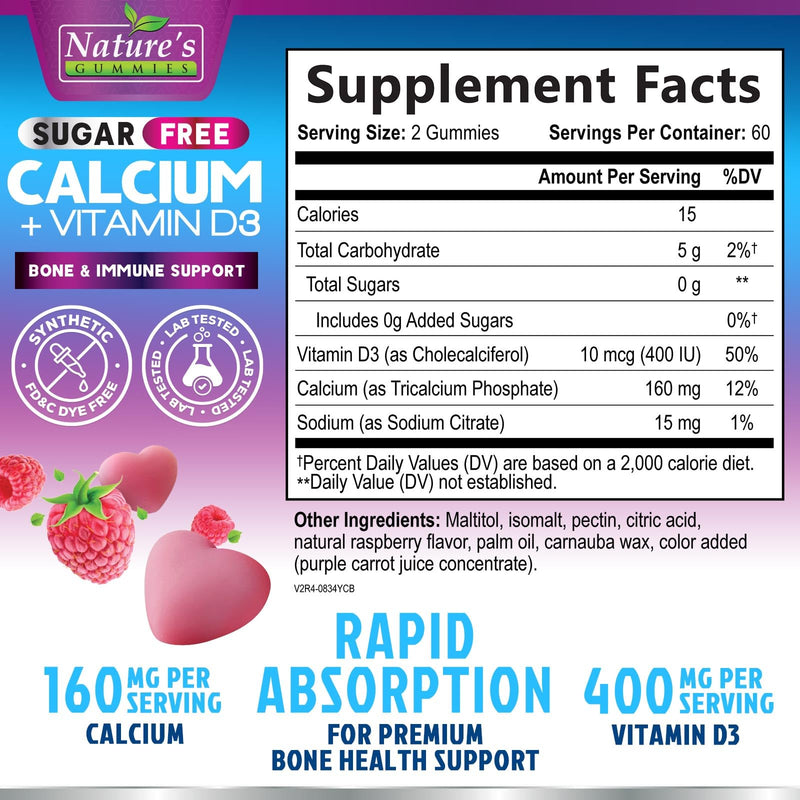 Calcium Supplement Gummies - Sugar Free Calcium Gummy with Vitamin D3 for Best Absorption - Supports Immune Health, Bones & Teeth - Nature's Calcium Chews for Women & Men - Berry Flavor - 120 Gummies 120 Count (Pack of 1)