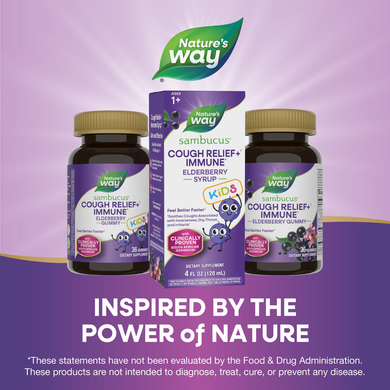 Nature's Way Sambucus Kids Cough Relief +(1) Immune Syrup*, Vegan, 4 Fl Oz | Feel Better Faster(1), Clinically Proven South African Geranium, with Elderberry Extract, Vitamin C & Zinc, Gluten Free 4 Ounce