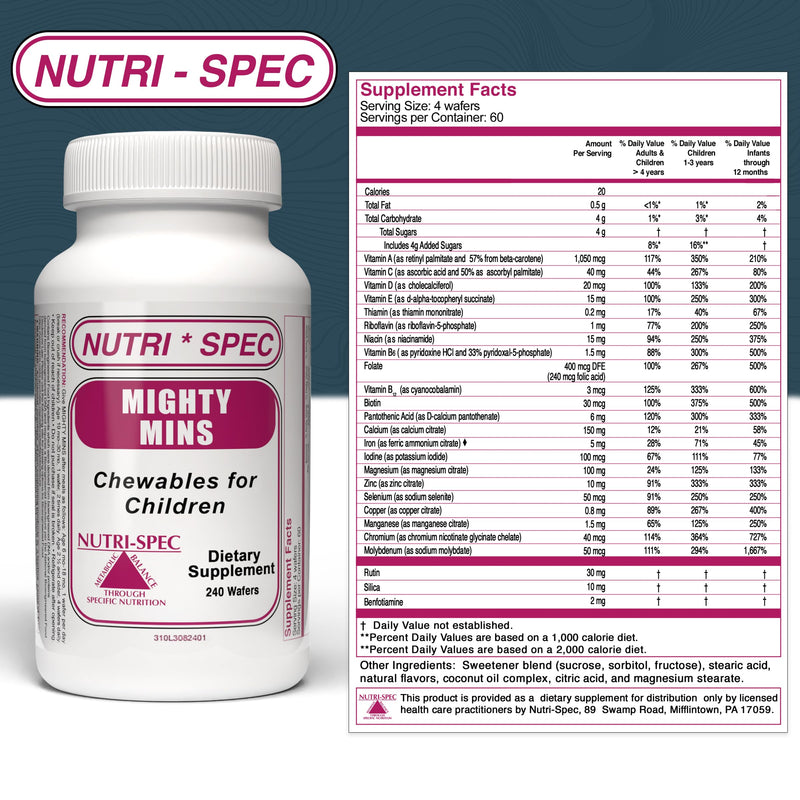 Nutri-Spec Mighty-Mins - Multivitamin for Kids with Iron in Chewable Form - for Children from 6 Months Through Adolescence - Easier to Absorb, Gentle On Digestion - 240 Wafers
