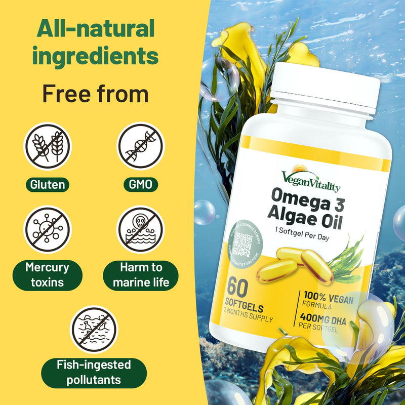 Vegan Vitality Vegan Omega 3 Supplement - 60 Plant Based Algae Oil Soft Gels Essential Fatty Acids with Vegan DHA for Joint, Heart & Immune Support Without EPA 1 Count (Pack of 1)