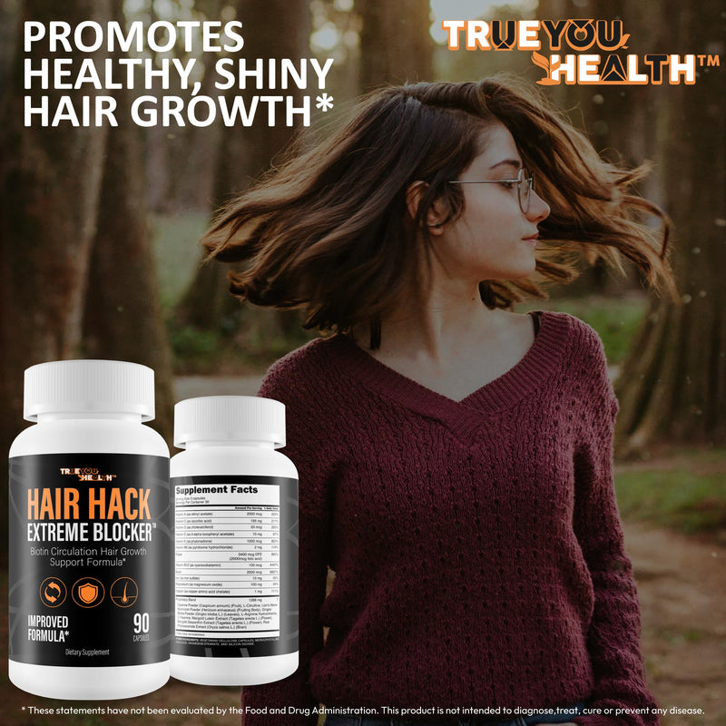 Hair Hack Extreme Blocker - Our Best Hair Growth Supplement - Natural Hair Regrowth Hair Vitamins for Thicker Hair Growth - Vitamin B7 Biotin and Folic Acid - Vitamin D3 Hair Growth Vitamins