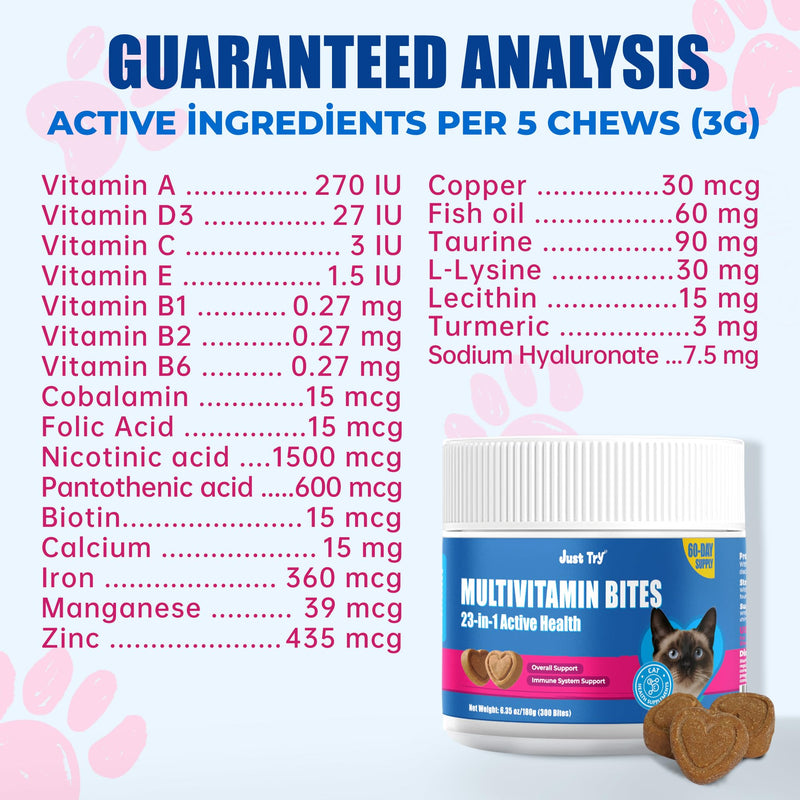 Just Try 23 in 1 Taurine for Cats Vitamins Treats with L-Lysine for Immune, Joint Support Skin & Coat & Heart Health - Multivitamin, Omega 3, Biotin Supplements for Indoor & Senior Cat - 300 Bites