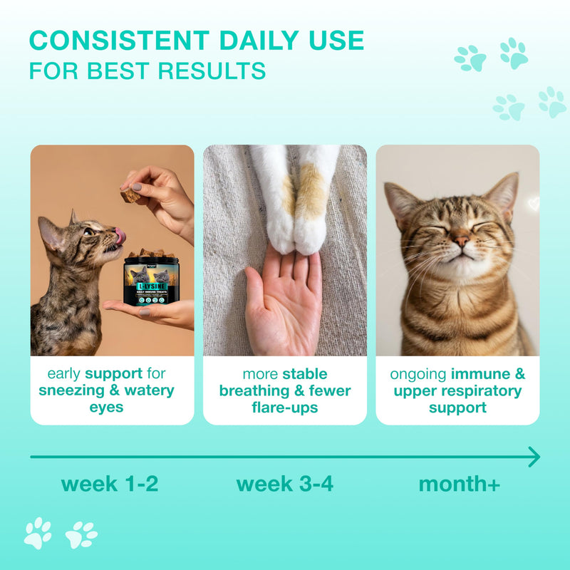 Lysine Cat Treats – L‑Lysine Immune & Respiratory Support for Cats & Kittens of All Breeds and Ages – Helps Cats Prone to FHV‑1, Sneezing, Runny Nose & Watery Eyes – 135 Chicken Chews