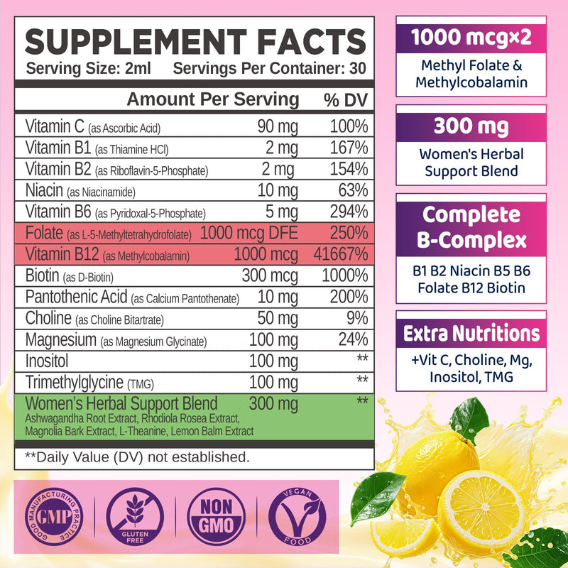 duwhot Women Methylated B-Complex Liquid Drops, 2 Fl Oz | Active B Vitamins B1 B2 B6 B9 (5-MTHF) & B12 1000 mcg, Vitamin C, Magnesium, Inositol, Choline & Herbal Blend