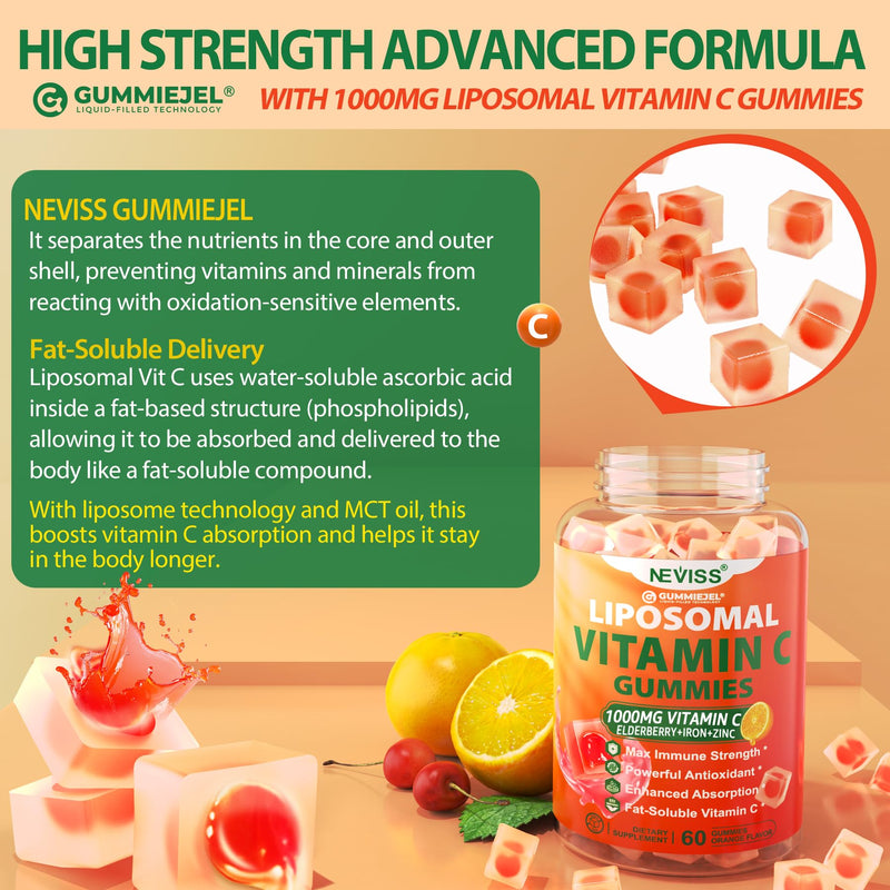 Liposomal Vitamin C 1000mg Gummies for Adults - Vitamin C Chewable with Elderberry, Zinc & 8mg Iron, Sugar Free Vit C Supplements, Daily Immune Support Gummies for Energy, Collagen Booster 60 Counts 60 Count (Pack of 1)
