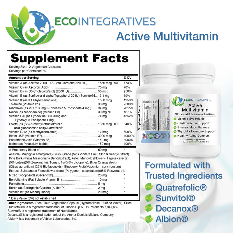 Active Multivitamin ADK Methyl B Complex - 60 Capsules | Quatrefolic Folate, P5P, Methyl B12, Vitamin D3 K1 K2, Energy & Cellular Health, Vision & Eye Health, Non-GMO, Gluten-Free 60 Count (Pack of 1)