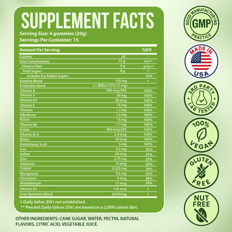 GoDigest Probiotics & Digestive Enzymes Gummies, Matcha, 60ct | Gut Health Support, Bloating Relief, Nutrient Absorption Support, Superfoods & Vitamins, Vegan