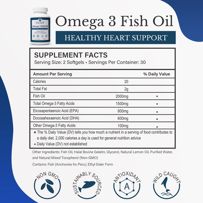 Salaam Nutritionals Halal Fish Oil, Burpless, Omega 3 DHA+ EPA 2,000mg for Heart, Eye, Brain and Joint Health.