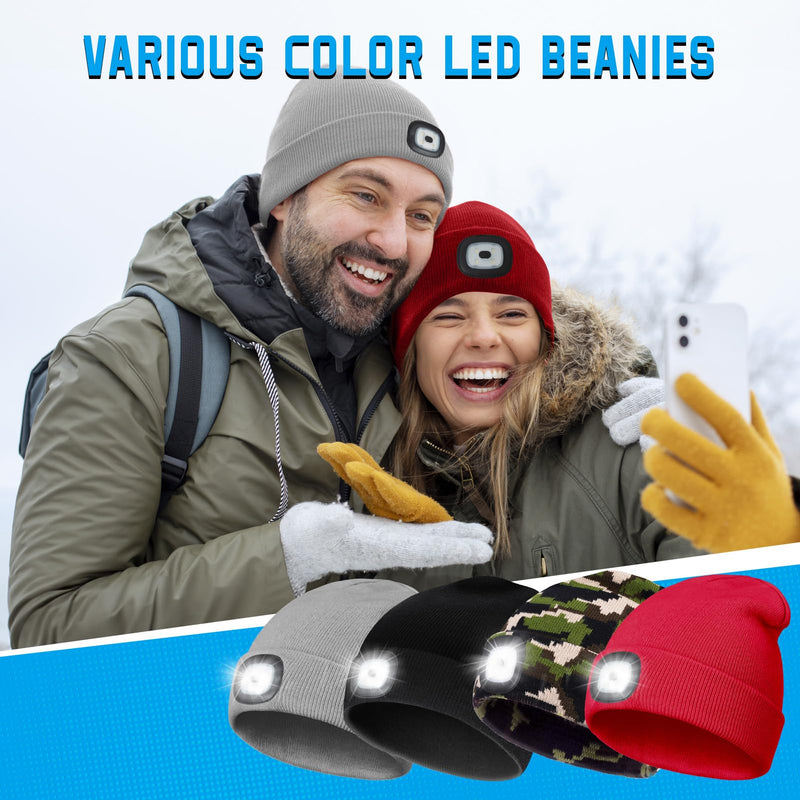 Gifts for Him, Beanie Hats with Light, USB Rechargeable LED Hand Free Headlamp, Fathers Day Dad Gifts, Birthday Gadgets for Men, Women, and Teens, Ideal for Camping, Hiking, 2 Pack, Grey Gray