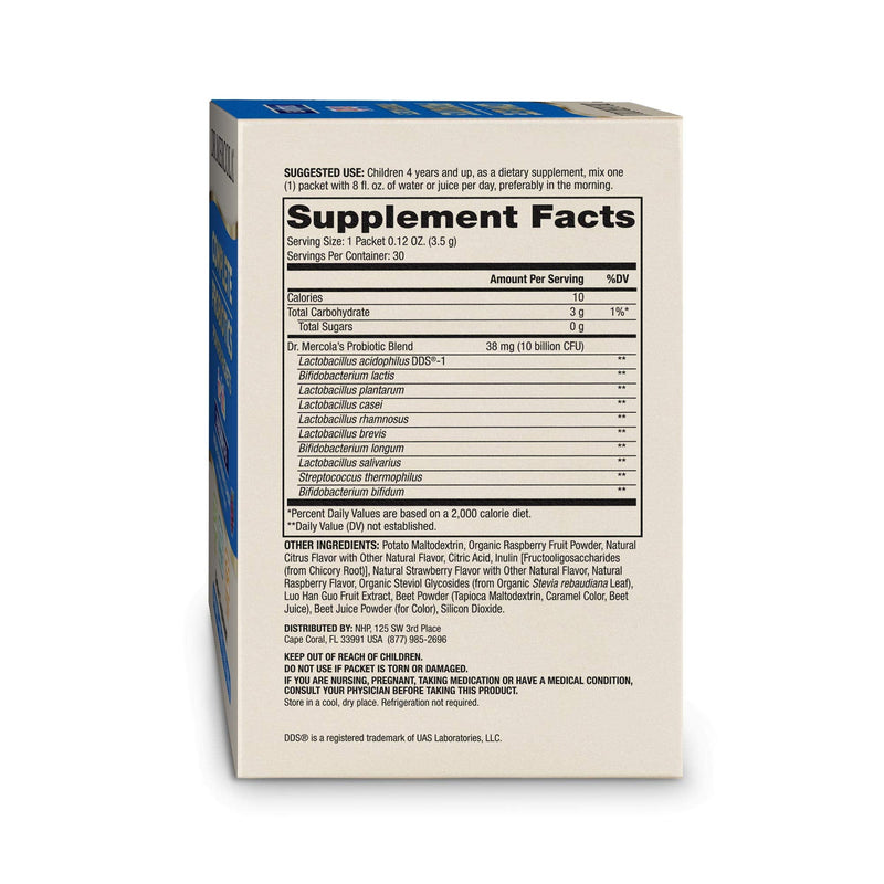 Dr. Mercola Complete Probiotics Powder Packets for Kids, 30 Packets | Supports Digestive and Immune Health, 10 Strains, with Prebiotics, Non-GMO, Gluten-Free, and Soy-Free, 30 Servings