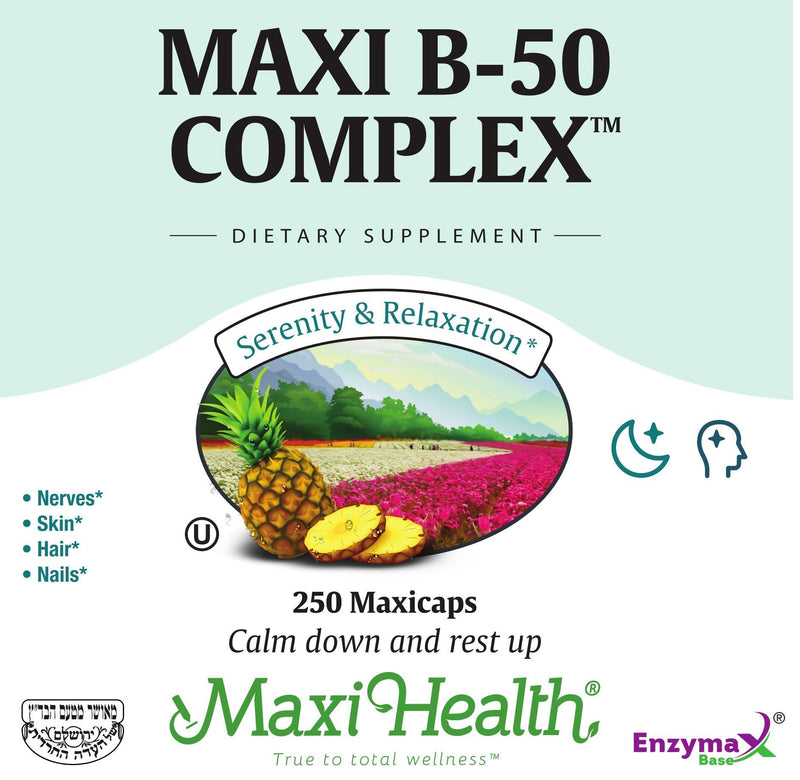 Maxi Health Stress Relief Vitamin B Complex for Women and Men, Vitamin B6, B12, Biotin, Inositol, Folate, Vegan, Gluten & Soy & Milk Free, Kosher, Unflavored, 250 Count | Kosher | B12, Biotin & Folate | B Complex for Energy, Calm & Mental Clarity | Veg...