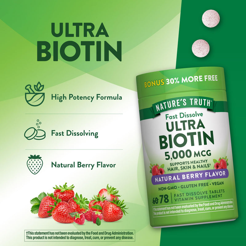 Nature's Truth Biotin | 5000mcg | 78 Fast Dissolve Tablets | Natural Berry Flavor | Vegan, Non-GMO & Gluten Free 78 Count (Pack of 1)